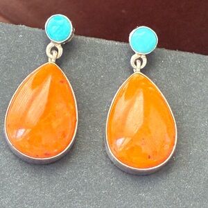 Turquoise & Orange Teardrop Drop Earrings by